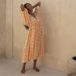 Daughters India Kyra Midi Dress Size L Tangerine 100% Cotton Boho Flowy Dress